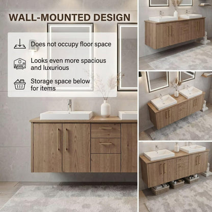 60”-96” Double Sink Freestanding Vanity with LED Mirrors, Natural Wood Cabinet & Gold Hardware