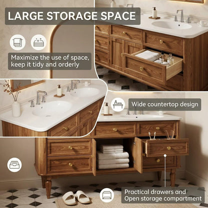 60"-96"Vintage Style Double Sink Bathroom Vanity with Gold Knobs & Storage Cabinet