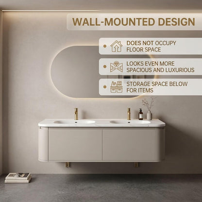 60"-84"Modern Floating Bathroom Vanity Set with Marble Top & LED Backlit Mirror