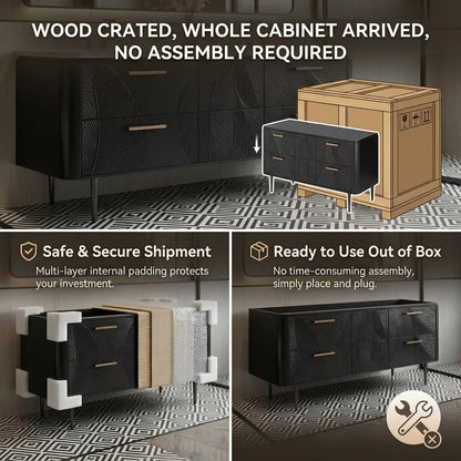 60”-112” Black Leaf-Carved Bathroom Vanity with Double Sinks & Marble Top