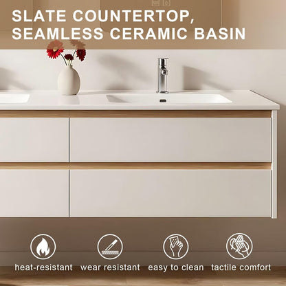 60”-84” Double Sink Floating Bathroom Vanity with 2 LED Mirrors, White Wall Mounted Vanity with Light Oak Accents