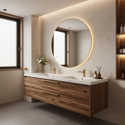 60"-84"Light Wood Wall-Mounted Vanity with White Marble Top & Gold Hardware Handles