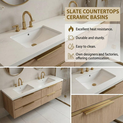 60"-84"Modern Oak Floating Bathroom Vanity with Double Sinks & Gold Oval Mirrors