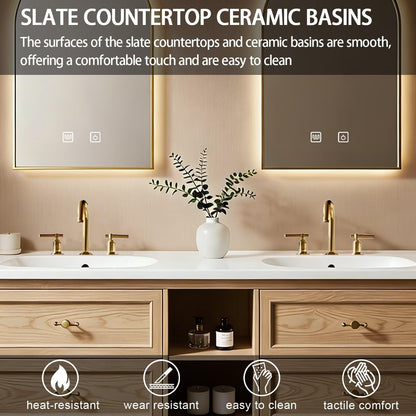60”-84”Double Sink Floating Bathroom Vanity with Gold Arch LED Mirrors, Light Oak Cabinet