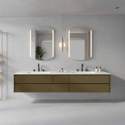60"-96"Olive Green Floating Bathroom Vanity with Double Sinks & LED Lighted Mirrors