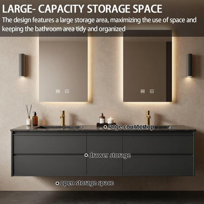 60”-84” Double Floating Vanity, Matte Black Cabinet with Gold Trim LED Mirrors