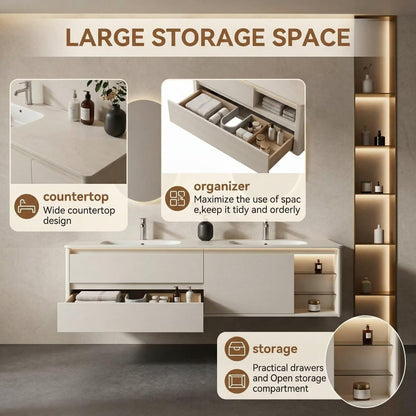60"-84"Wall Mounted White Bathroom Vanity with Double Sinks & Open Shelf Storage
