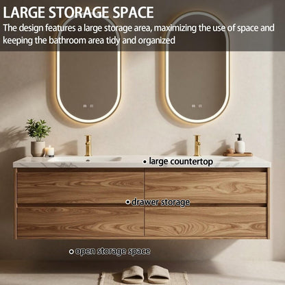 60"-84"Floating Oak Bathroom Vanity with Double Sinks & Oval LED Backlit Mirrors