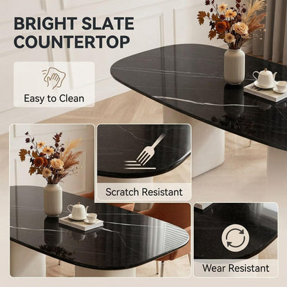 60"-80"Modern Oval Dining Table with Black Marble Top & Cream Base, Seats 4-6