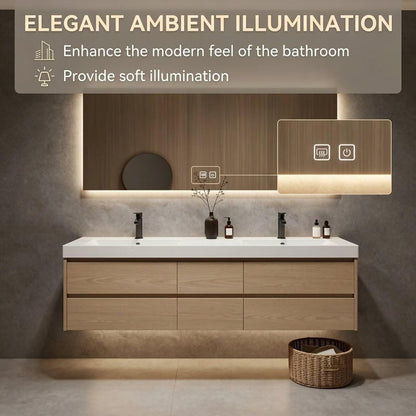 60"-96"Light Oak Floating Bathroom Vanity with Double Sinks & Large LED Backlit Mirror