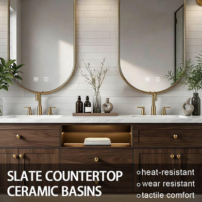 60"-84"Wall Mounted Walnut Bathroom Vanity with Double Sinks & Illuminated Open Shelf