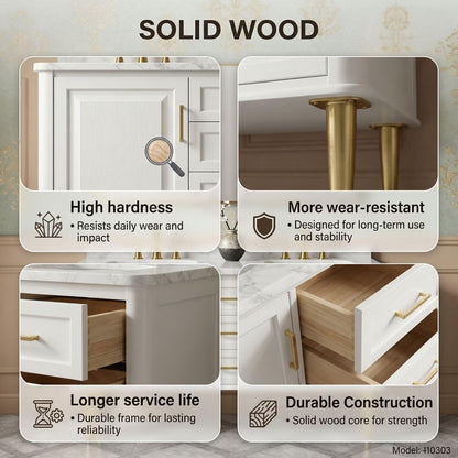 60"-96"Luxury Freestanding Vanity, White Cabinet with Gold Handles & Marble Countertop