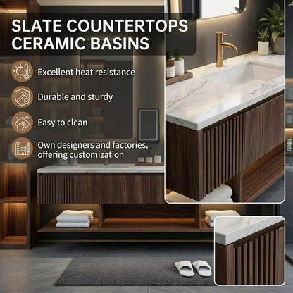 60”-96” Modern Walnut Floating Bathroom Vanity with Double sinks, Fluted Panels & LED Lighted Medicine Cabinets