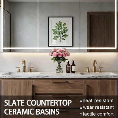 60”-84”Double Sink Floating Bathroom Vanity with LED Mirror, Light Wood Cabinet & Gold Hardware