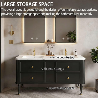 60”-84”Double Sink Freestanding Vanity with LED Arched Mirrors, Black Cabinet & Gold Hardware