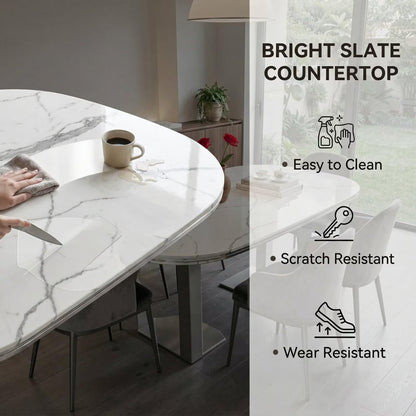 56"-96"Modern Oval White Marble Dining Table, Glossy Top Rectangular Rounded Kitchen Table