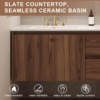 60”-84”Floating Double Sink Bathroom Vanity with LED Smart Mirror, Wall Mounted Walnut Wood Vanity with Storage Cabinets & Drawers
