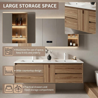 60”-96” Light Wood Floating Bathroom Vanity with Double Sinks & LED Lighted Mirror Cabinet