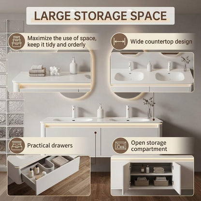 60"-84"Wall Mounted White Bathroom Vanity with Double Sinks & Soft-Close Cabinet Storage