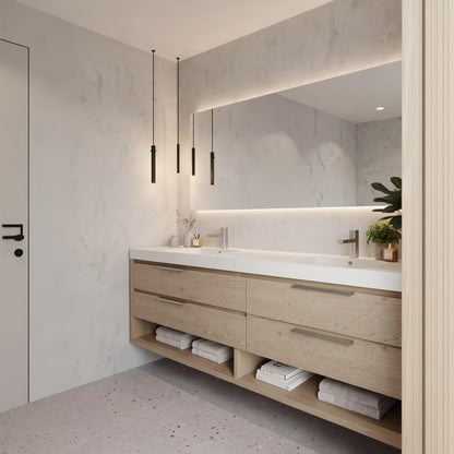 60"-96"Modern Wood Vanity with Integrated Countertop & Open Shelf Storage