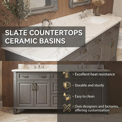 60”-112” Antique Gray Wood Double Vanity with Ornate Mirrors & Gold Hardware