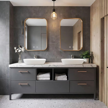 60"-96"Grey Freestanding Bathroom Vanity with Double Vessel Sinks & Gold Frame Mirrors
