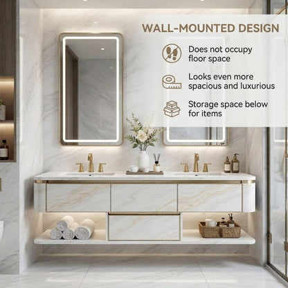 60”-84”Double Sink Bathroom Vanity with LED Lighted Mirrors, Marble Countertop & Gold Trim