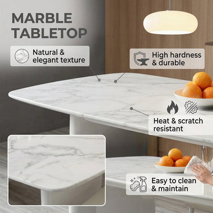 60"-80"White Marble Dining Table with Glossy Base, Modern Rectangular Kitchen Table