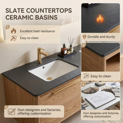 60“-84“Floating Oak Bathroom Vanity with Double Sinks, LED Mirror & Storage