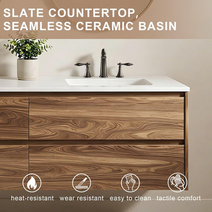 60”-84”Walnut Wood Floating Bathroom Vanity with Double Sink, Modern Wall-Mounted Vanity with LED Backlit Round Mirrors & White Stone Top