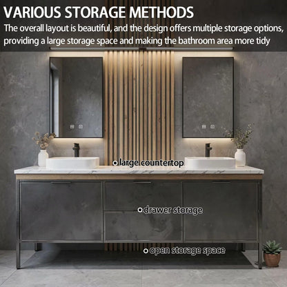 60"-84"Modern Concrete-Look Bathroom Vanity Set with Dual Sinks & Metal Frame