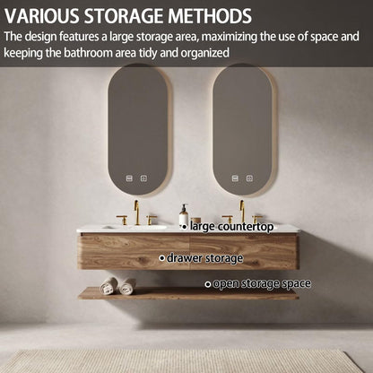 60"-78"Modern Dark Wood Bathroom Vanity with Dual Sinks & Backlit LED Mirrors