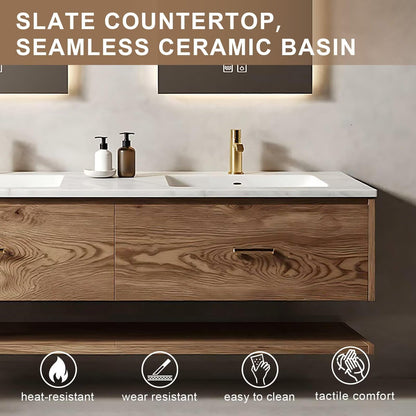 60”-84”Double Sink Floating Bathroom Vanity with 2 LED Backlit Mirrors, Wall Mounted Oak Vanity with Marble Top & Open Shelf