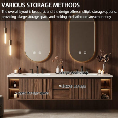 60”-84”Double Sink Floating Bathroom Vanity with LED Oval Mirrors, Walnut Fluted Cabinet