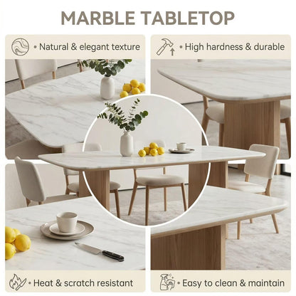 60"-80"White Marble Dining Table with Light Wood Base, Minimalist Rectangular Kitchen Table