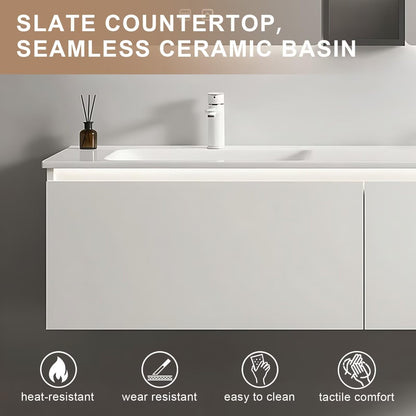 60”-84” Double Sink Floating Bathroom Vanity with LED Mirrors & Open Shelf, Wall Mounted White Vanity with Integrated Top