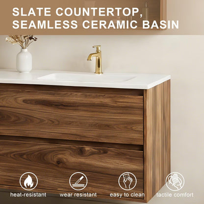 60”-84”Floating Double Sink Bathroom Vanity with LED Defog Mirror Cabinet, Wall Mounted Walnut Wood Vanity with Storage Drawers