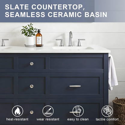 60”-84”Double Sink Freestanding Bathroom Vanity with White Top, Navy Blue Wood Vanity with Storage Drawers & Large Mirror