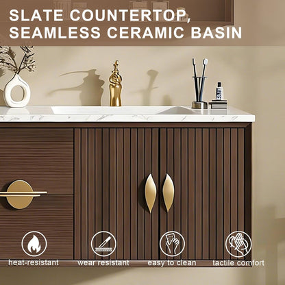 60”-84”Double Sink Floating Bathroom Vanity with LED Mirror Cabinet, Wall Mounted Walnut Vanity with Marble Top & Gold Hardware