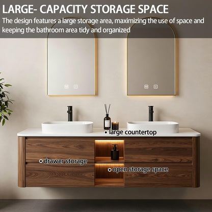 60”-84”Double Sink Floating Bathroom Vanity with Gold Arch LED Mirrors, Walnut Wood Cabinet