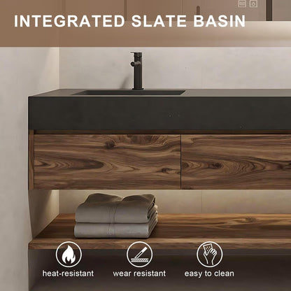 60”-84”Double Sink Floating Bathroom Vanity with LED Mirror Cabinet, Walnut Wood Vanity with Black Stone Top & Open Shelf