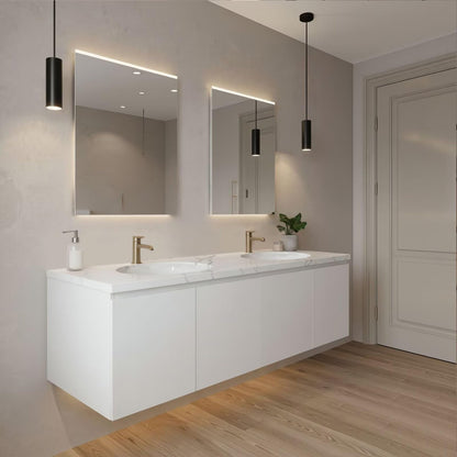 60”-96”Modern White Wall-Mounted Vanity with Double Sinks, Marble Top & LED Lighting