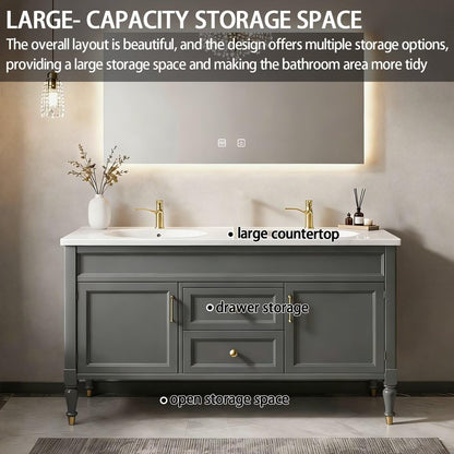 60"-84"Freestanding Gray Bathroom Vanity with Double Sinks & LED Mirror