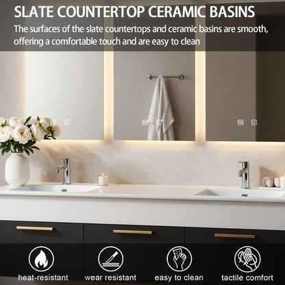 60”-84”Double Floating Vanity, Black Wood Cabinet with White Stone Counter & Gold Handles