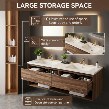 60”-96”Modern Wall-Mounted Bathroom Vanity with Walnut Finish & LED Lighted Mirrors