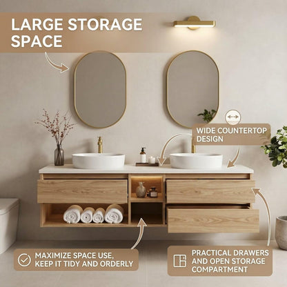 60"-84"Light Oak Floating Bathroom Vanity Set with Oval Gold Mirrors & Open Storage