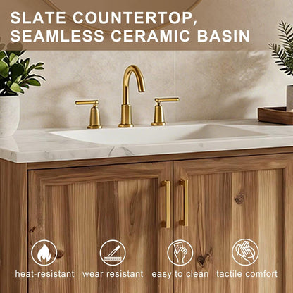 60”-84” Floating Double Bathroom Vanity with White Marble Top, Acacia Wood Wall-Mounted Vanity with Gold Hardware & 2 Round Mirrors