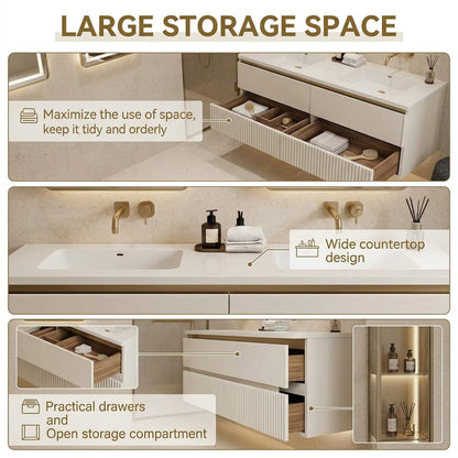 60"-96"Modern Wall-Mounted Vanity with Double Sinks & Gold Trim