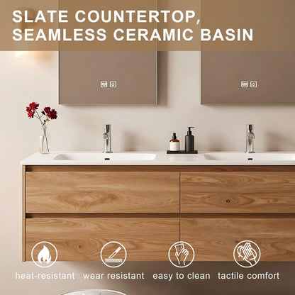 60”-84”Double Sink Floating Bathroom Vanity with 2 LED Mirrors, Light Oak Wall Mounted Vanity with White Top