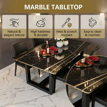 56"-96"Luxury Black Marble Dining Table with Gold Inlay & Sturdy Black Wood Base for Dining Room